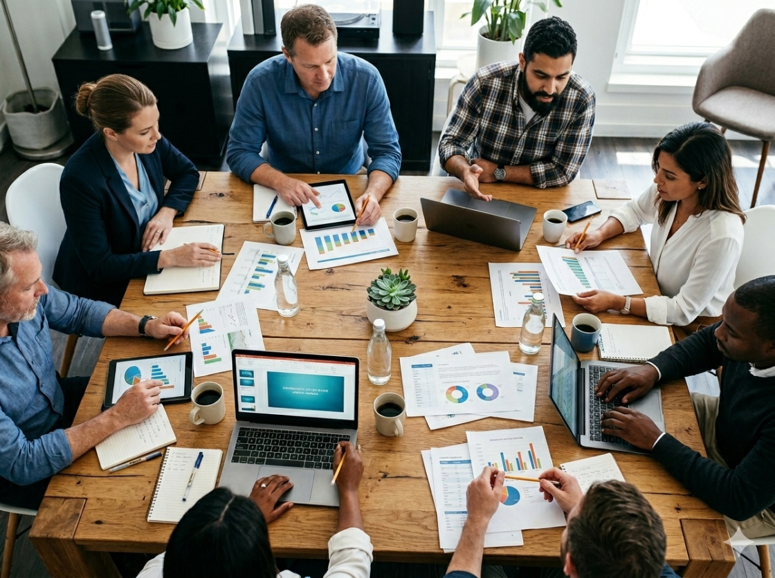 Overhead team collaboration at wooden table