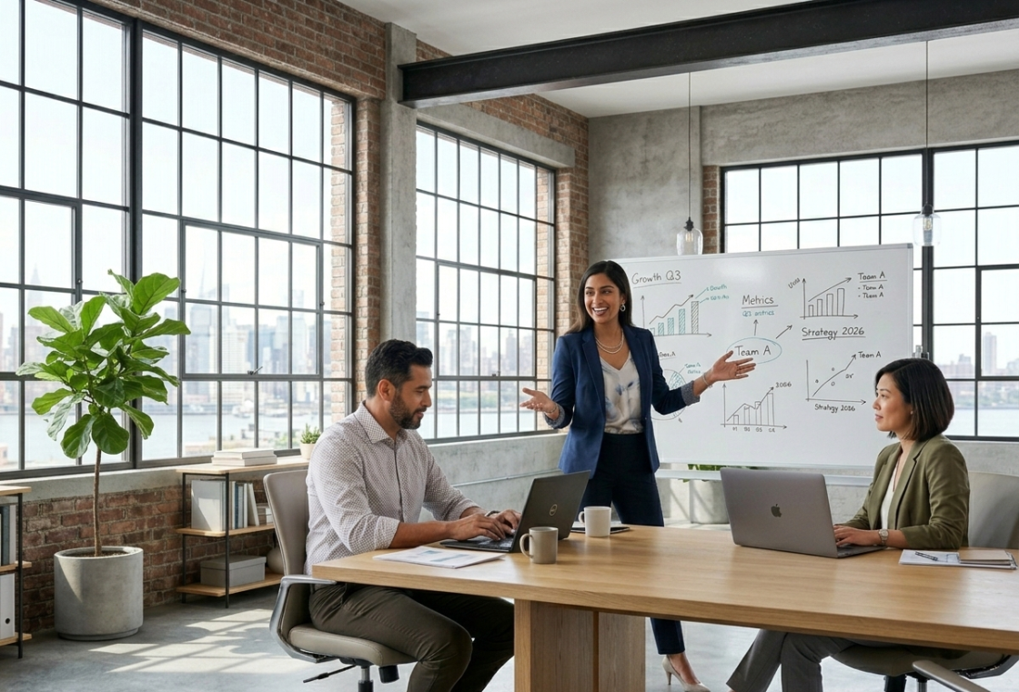 Team collaborating in modern loft office