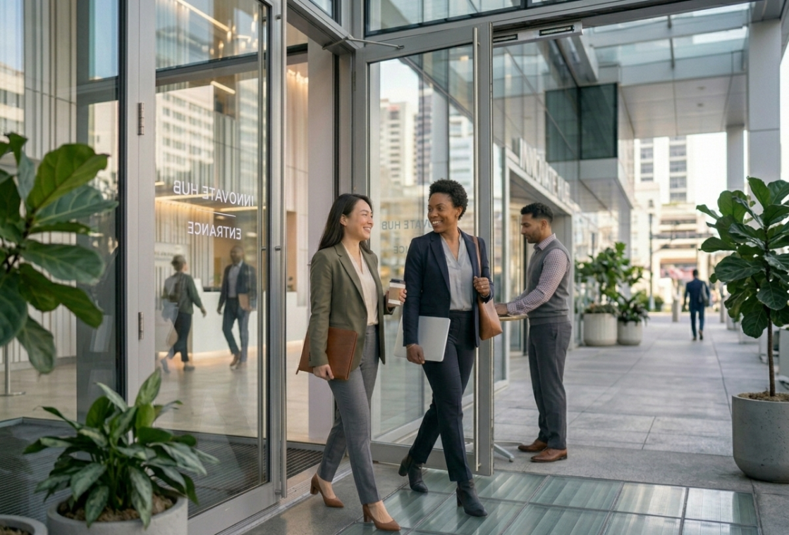 Professional entering office with laptop